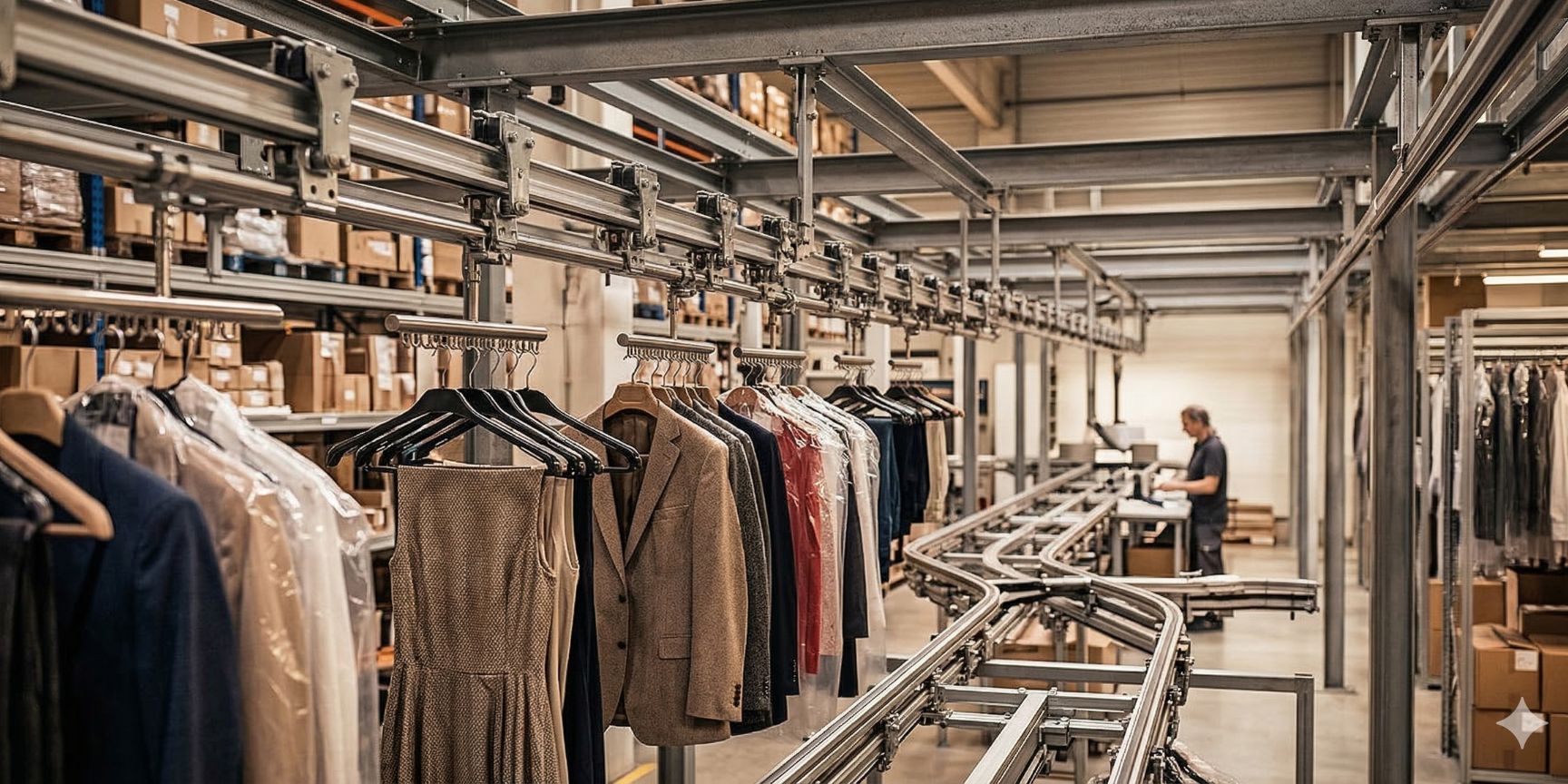 Eine Detailaufnahme eines Hängebahnsystems, das für hängende Textilien ausgelegt ist. Mehrere Jacken und Kleider hängen an Kleiderbügeln an einer Metallschienenkonstruktion. Die Bahn bewegt sich durch ein Fachlager für Modeartikel, Hängewand-Logistik mit Hängebahn, Taschensorter-Alternative für Textilien